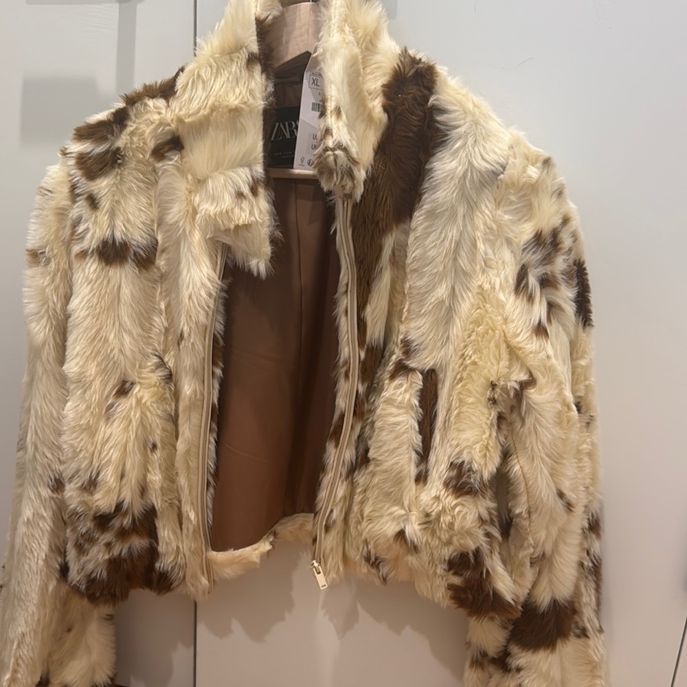 Zara Cream and Brown Teddy Jacket Plush Faux Fur